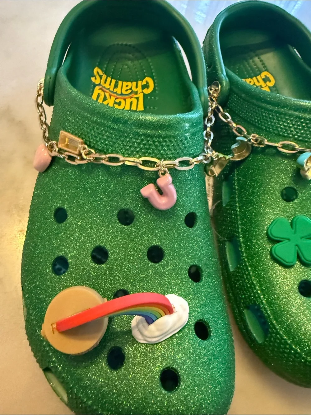 CROCS Men's Green Glitter Clogs with Charm Chain